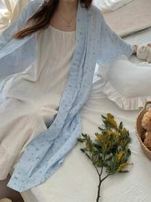 1pc Women's Robe, European & American Style Minimalist Long Sleeve Sleepwear, Sweet & Cute Pink Bear Print Lightweight Solid Color Pajamas, Spring/Autumn