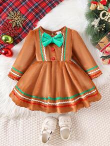 1pc Toddler Girls' Cute Vintage Style Plush Thick Long Sleeve Dress, Winter - 駝色 - 查看 1