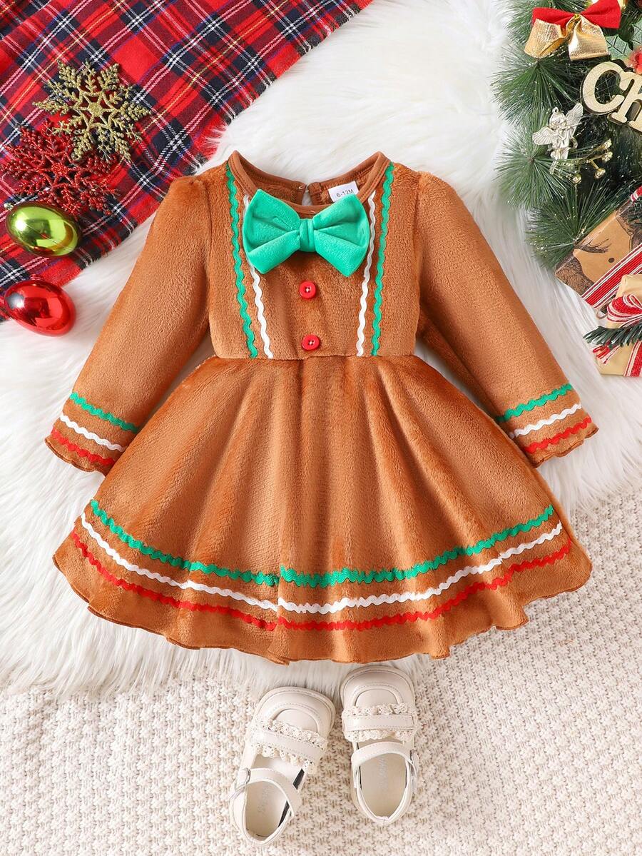 1pc Toddler Girls' Cute Vintage Style Plush Thick Long Sleeve Dress, Winter - 駝色 - 查看 1