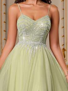 VIPGIRL 浅绿色亮片吊带薄纱礼服，开衩设计，优雅A字型及地公主风舞会礼服，适合选美比赛、伴娘、晚宴、婚礼和其他正式场合。 - 青檸色 - 查看 8