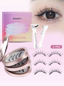 MAGEFY 3对装磁性假睫毛套装，含镜子和睫毛夹，无需胶水，超隐形圆形磁铁，自然卡通猫眼蓬松仿貂毛睫毛，附赠镊子，美妆旅行必备