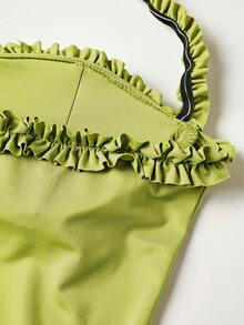 Halter Ruffle Layered Hem Bodycon Dress In Bright Green, Asymmetrical Fringe Summer Beach Look - Green - View 5