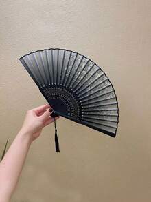 1 件古董折叠竹扇，中式折叠扇，舞蹈扇饰有黑色蝴蝶流苏花卉图案，传统舞蹈扇，手工扇优雅