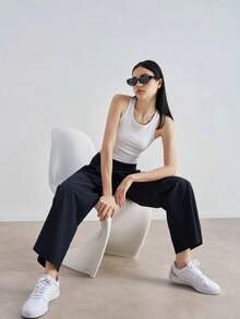 女士定制Logo弹力腰阔腿梭织休闲宽松裤，适合瑜伽、健身、户外运动和休闲穿着 - 黑色 - 查看 7