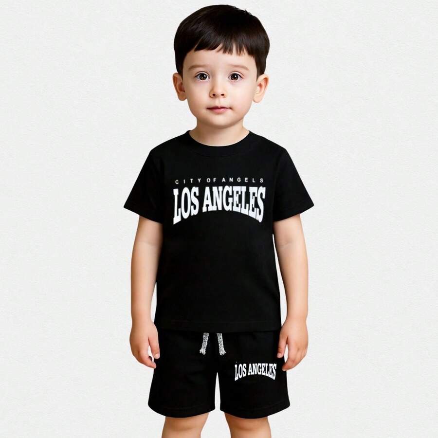 Boys' Short Sleeve T-Shirt Set With Print And Light Shorts, Ideal For Hot Days