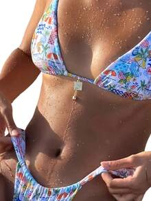 Hawaiian Tropical Print Vibrant Fashion Women's Bikini Set, Adjustable Elastic Band Top And Bottom, With Metal Accessories - Màu xanh da trời - Xem 4