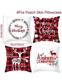 4 件套圣诞装饰枕套，红黑格纹圣诞树驯鹿图案靠垫套，圣诞快乐派对装饰，圣诞客厅卧室装饰枕套，圣诞床椅沙发装饰沙发套，圣诞家居装饰，房间装饰，2026 新年装饰，圣诞装饰，圣诞礼物