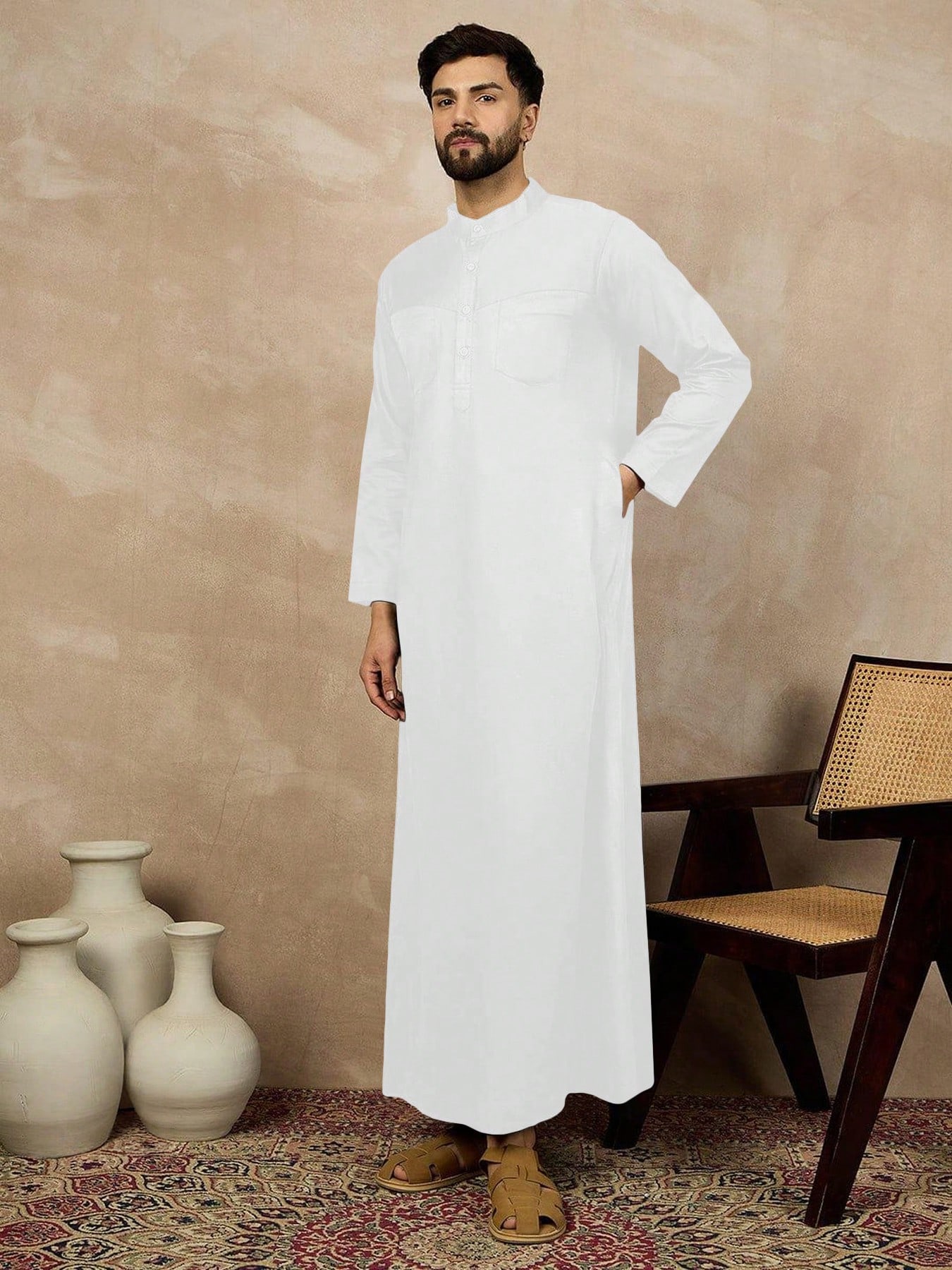 ثوب رجالي كاجوال أحادي اللون للارتداء اليومي، ذو ي...