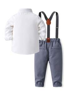 KIMOCAT Conjunto de 2 peças de roupa infantil masculina, camisa branca de manga comprida e calça com babador - Preto - Ver 2