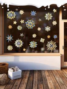 Un conjunto de 9 nuevos adhesivos navideños dorados 3D con copos de nieve brillantes para ventanas, con diversos patrones 3D de copos de nieve brillantes con estampado en frío que se pueden combinar libremente en bricolaje. Son adecuados para adhesivos navideños para ventanas y adhesivos para vidrio.