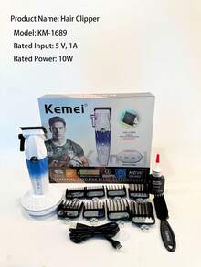 Kemei KM-1689 新款理发器电动理发机男士专业理发器理发器 8800RPM DLC 刀片带充电底座 2500mAh 大容量无刷电机高速理发器理发器或家用理发器礼物男士生日礼物 - 藍白色 - 查看 5