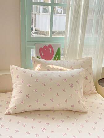 2 piezas Funda de almohada 100% poliéster con estampado de lazos rosa (Relleno de almohada no incluido), suave y cómoda para todas las estaciones