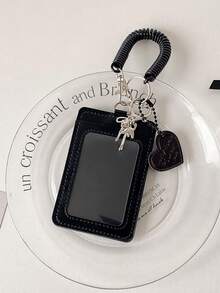 1 PC Kpop Style Photo Card Holder - Black Faux Leather Rectangular Frame With Heart Cutout & Metal Keychain, Cute Accessory For Kpop Fans To Display Photos, ID Badges, Memorabilia