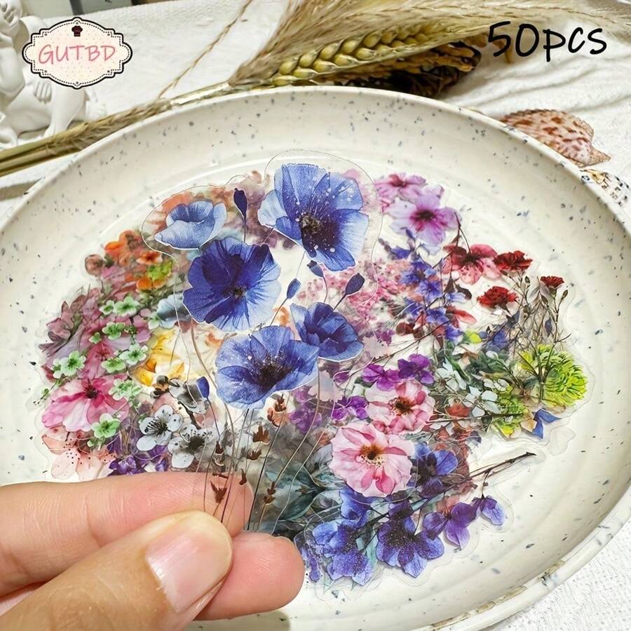 Set Of 50 GUTBD Clear Flower Stickers, PET Cartoon Flower Stickers For Diaries, Laptops And Luggage, Self-Adhesive And Reusable, Glass-Friendly, Matte Finish - Creative Decoration Kit