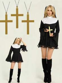 1件/3件 - 成人修女服装套装，女士圣女牧师角色扮演服装头饰套装，修女服装采用优质透气氨纶和涤纶制成，弹性佳，柔软舒适，易于穿戴。此外，服装轻盈，不会给您带来沉重的负担，可长期穿着。万圣节 - 彩色 - 查看 2