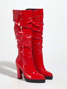 Women's Autumn/Winter Fashion Comfortable New High Shaft Rider High Platform Side Zipper Thick Heel Boots, Elegant & Minimalist - Red - View 7