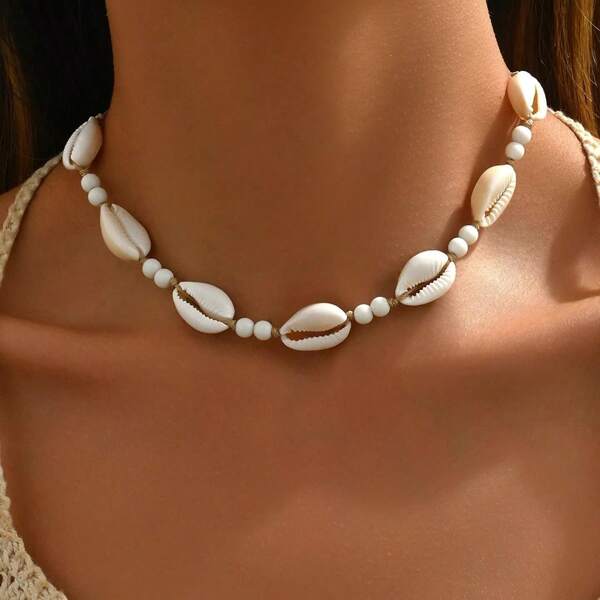 1pc Personalized Beaded Shell Adjustable Beach Style Necklace For Women, Suitable For Vacation, Party And Daily Wear