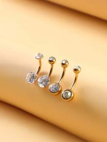 4pcs Rhinestone Rhinestone Curved Barbell Navel Piercing Rings, Stainless Steel Simple Design Belly Button Rings For Women - Golden Crossbar - View 14