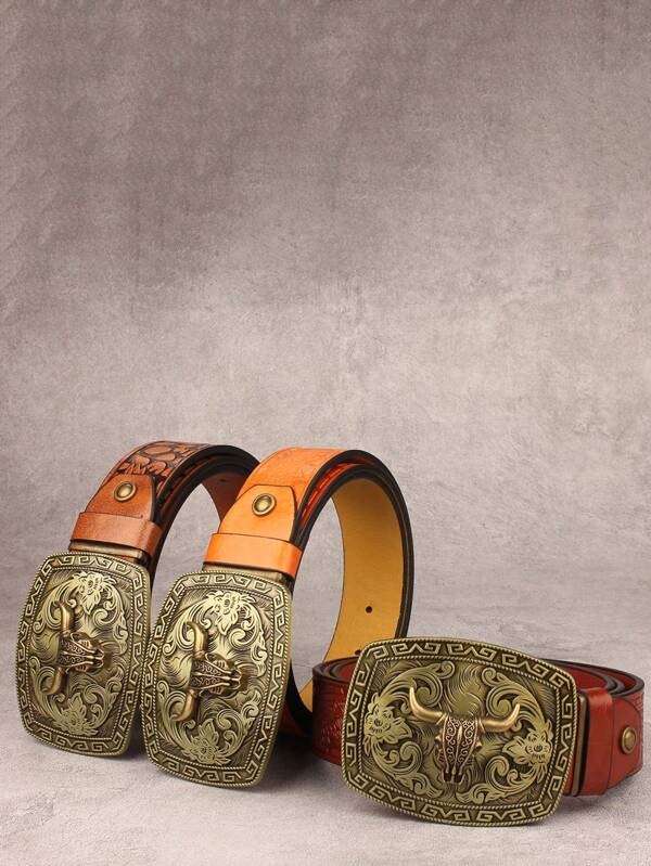3.7cm Retro Western Cowboy Bull Head Embossed Fashion Belt, Personalized Pants Belt,