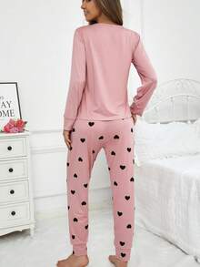 Women's Heart Pattern Long Sleeve Top & Pants Casual Pajama Set, Suitable For Spring And Autumn, Fall Winter Clothes - Multicolor - View 2
