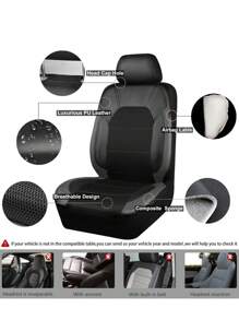 全套汽车座椅套（5座/9件），前排座椅套（2座/4件），通用型汽车座椅套，采用皮革和3D透气网布制成，拉链设计，预留头枕开口，适用于轿车、卡车和SUV，兼容安全气囊。9件套包含：2个前排座椅套、1个靠背套、1个后排座椅套和5个头枕套。4件套包含：2个前排座椅套和2个头枕套。
