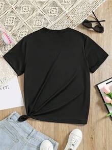 Girls' Beige Cherry Graphic Tee - "Sweetness Runs In Our Cherry" Print, Casual & Girls Clothes 8 To 10 Years,Made In USA Cotton , Short Sleeve Crew Neck - Perfect For Summer Outings - 黑色 - 查看 2