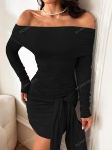WOWDARK Women's Off-Shoulder Long Sleeve Ruffle Tie Wrap Dress, Autumn