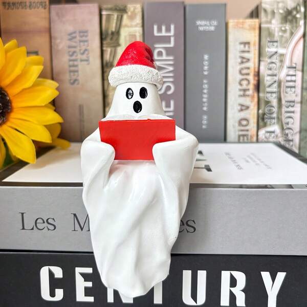 1 pieza Estatua de resina de fantasma de Halloween, fantasma lindo leyendo, decoración de escritorio para el hogar, sombrero navideño, regalo festivo
