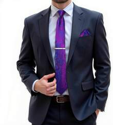 Silk Floral Necktie Set With Tie Clip, Handkerchief & Cufflinks - Hot Pink and Blue - View 11