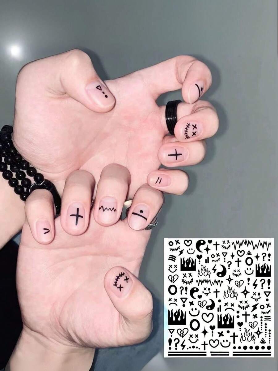 1张Y2K男士美甲贴纸 简约黑色笑脸男士美甲贴纸 DIY情侣美甲贴纸 美甲店独家男士美甲贴纸 美甲用品 - 彩色 - 查看 1