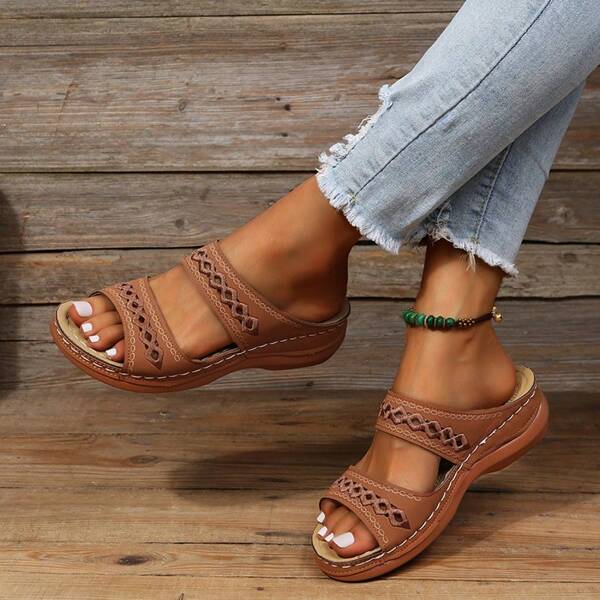 Elegante Damensandalen, Keilabsatz Pantoletten mit Hohlmuster