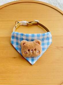 1pc Pet Bandana Collar, Cute Cartoon Plaid Bib For Small Dogs Cats, Blue