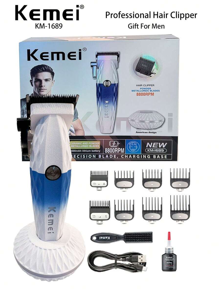 Kemei KM-1689 新款理发器电动理发机男士专业理发器理发器 8800RPM DLC 刀片带充电底座 2500mAh 大容量无刷电机高速理发器理发器或家用理发器礼物男士生日礼物