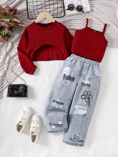 3pcs/Set Young Girl' Casual Long Sleeve Pullover, Printed Camisole, And Pants Set, Spring/Autumn