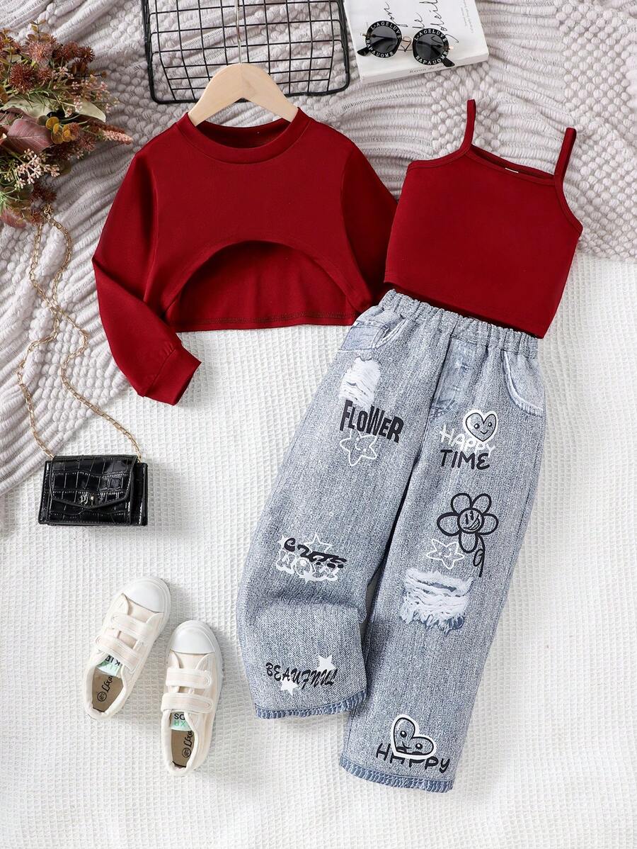 Conjunto de 3 piezas para niña: Suéter informal de manga larga, camiseta estampada y pantalones, para primavera/otoño