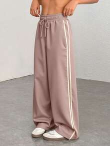 Pantalón Holgado Recto Deportivo Rayas en Costados Pierna Ancha Para Mujer Con Jareta De Dama - Rosa vieja - Ver 1