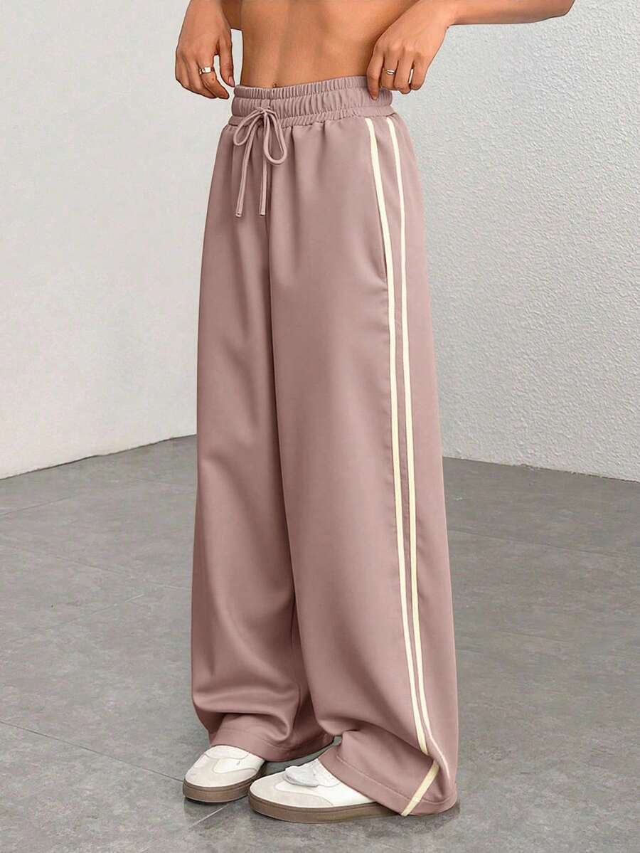 Pantalón Holgado Recto Deportivo Rayas en Costados Pierna Ancha Para Mujer Con Jareta De Dama - Rosa vieja - Ver 1