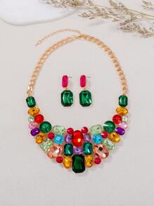 juran 1 Set Random Mixed Color Shiny Glass Choker Necklace & Earrings Jewelry Set, Women Wedding Statement Necklace & Earrings