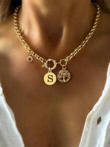 STYLEVER 1PC Gold Initial Letter Necklace, A-Z 26 Letter Pendant Colorful Zirconium Tree Of Life Letter Pendant Chain, Stainless Steel Chain, Unique And Exquisite Style