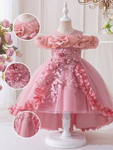 Vestido elegante de niña pequeña sin mangas con aplicación floral de tul para fiesta, cumpleaños, boda, sin diadema - Rosa vieja - Ver 5