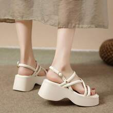 Women's Platform Roman Sandals With Cross Straps And Buckle Thick Heel Summer Open-Toe Shoes