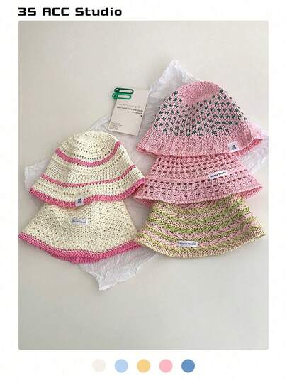 1 件粉色宽边草帽，女士夏季沙滩帽，户外防紫外线透气镂空编织渔夫帽，宽边遮阳帽，百搭渔夫帽，黑色针织帽，