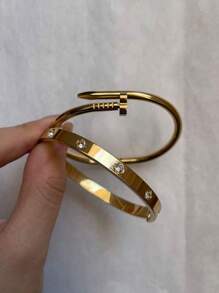 2pcs Stainless Steel Luxury Four-Leaf Clover Nail Bangle & Four-Leaf Clover Clasp Bracelet Jewelry Set, Fashionable Minimalist Waterproof Stainless Steel Jewelry Combination, Suitable For Daily Wear