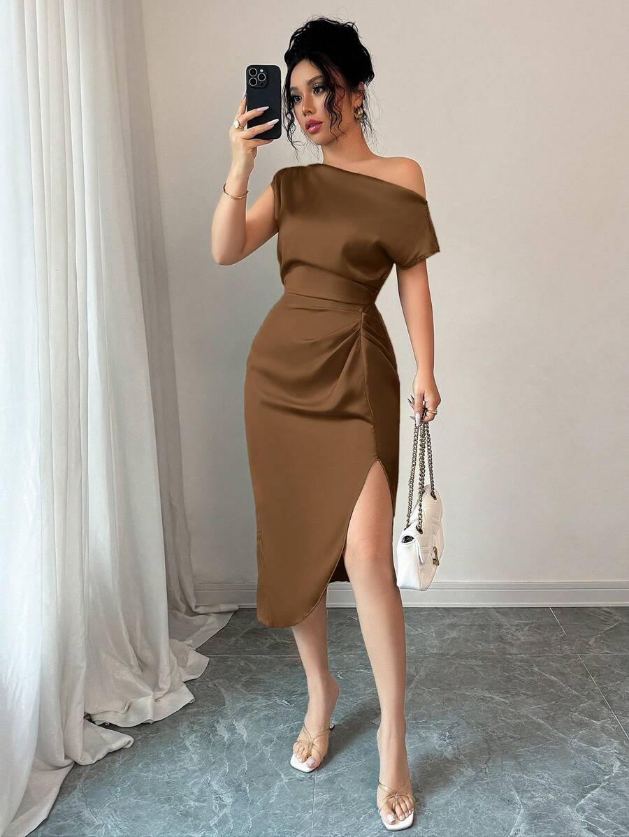 abyoxi Brown Elegant Asymmetric Neckline Waist Handmade Ruched Satin Dress, Suitable For Dates, Birthday Parties, Weddings, Homecoming, New Women's Fashion
