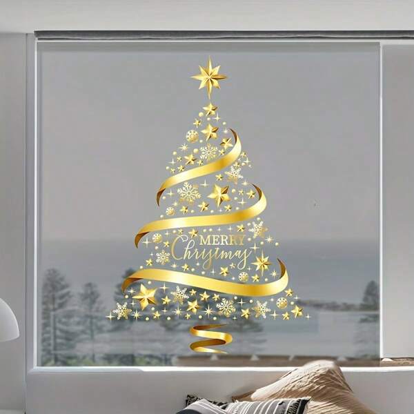 Adesivo de árvore de Natal de 1 peça, adesivo de parede de vidro, adesivo de janela de árvore de Natal, pintura de adesivo de árvore de Natal de floco de neve de papel, decoração de janela faça você mesmo, mural de porta de janela de parede estática