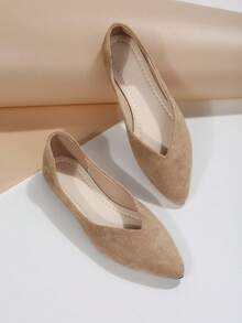 35-45 秋季新款尖头平底帆布一脚蹬平底鞋，时尚低帮休闲鞋，卡其色，轻便舒适女士平底鞋