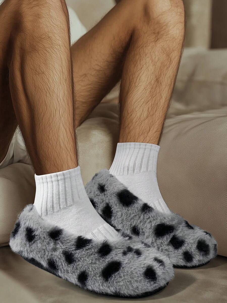 Men's Fluffy Slippers, Gray Plush House Slippers, Machine Washable