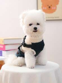 PETCIRCLE 1件宠物衣服，狗狗/猫咪服装，小型犬/幼犬套装，可爱宠物衣服，狗狗衣服，小型犬秋冬保暖舒适抓绒拼接背带背心 - 绿白 - 彩色 - 查看 4