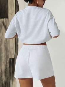 HESSEN 2pcs/Set Plus Size Women's Casual Fashion Simple Basic Versatile Solid Color Letter Print Graphic Sweatsuit, Round Neck Short Sleeve T-Shirt With Drawstring Pocket Shorts Two Pieces Set, Back To School Outfit, Women Teachers Uniform, Jogging Suit, Valentine's Day, New Year Holiday Clothing - Light Grey - View 2