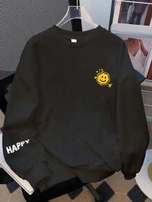 1件男童長袖圓領套頭運動衫，印有「HAPPY」字樣，舒適時尚，休閒百搭，適合小男孩/青少年男孩/前青少年男孩，秋冬新款上衣系列 - 黑色 - 查看 3